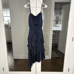 NWT Francesca’s Satin Ruffle Midi Dress Navy